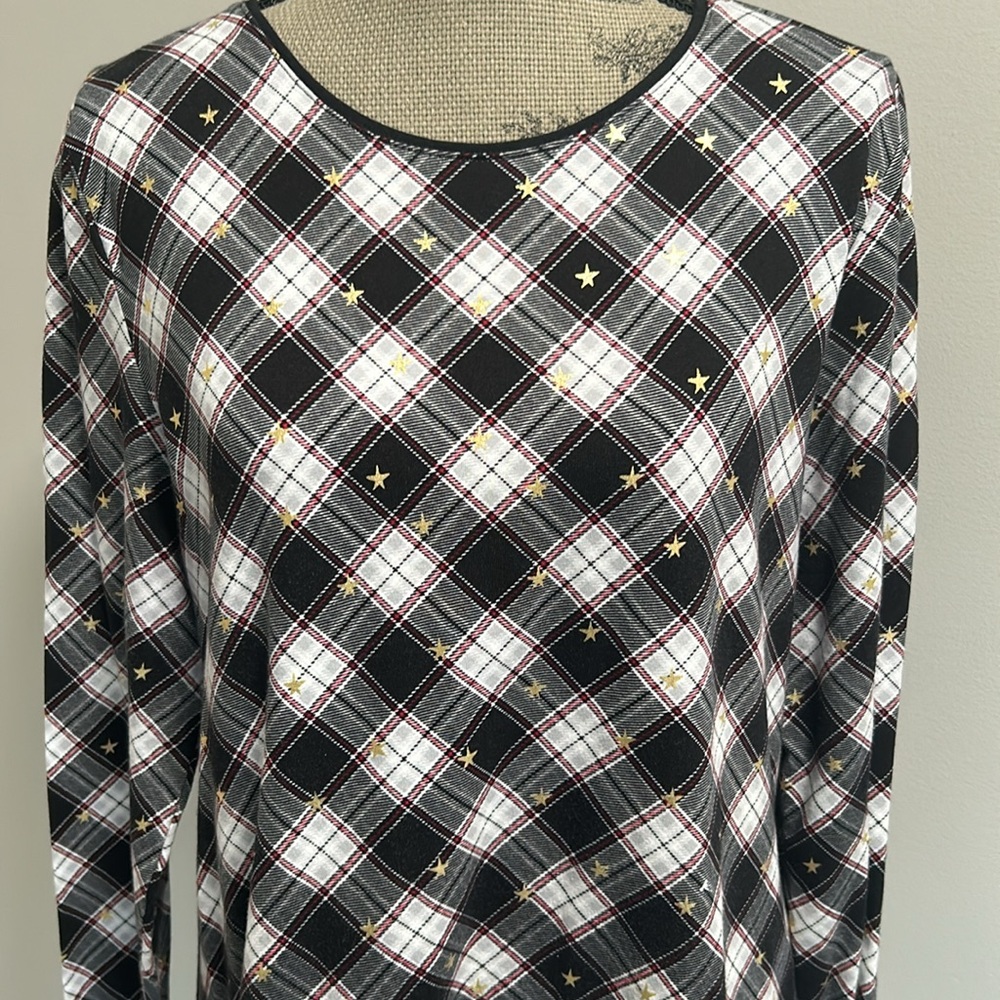 Talbots Outlet Crew Neck Long Sleeve Black/Red/Gold Star Sz L Pullover Top
